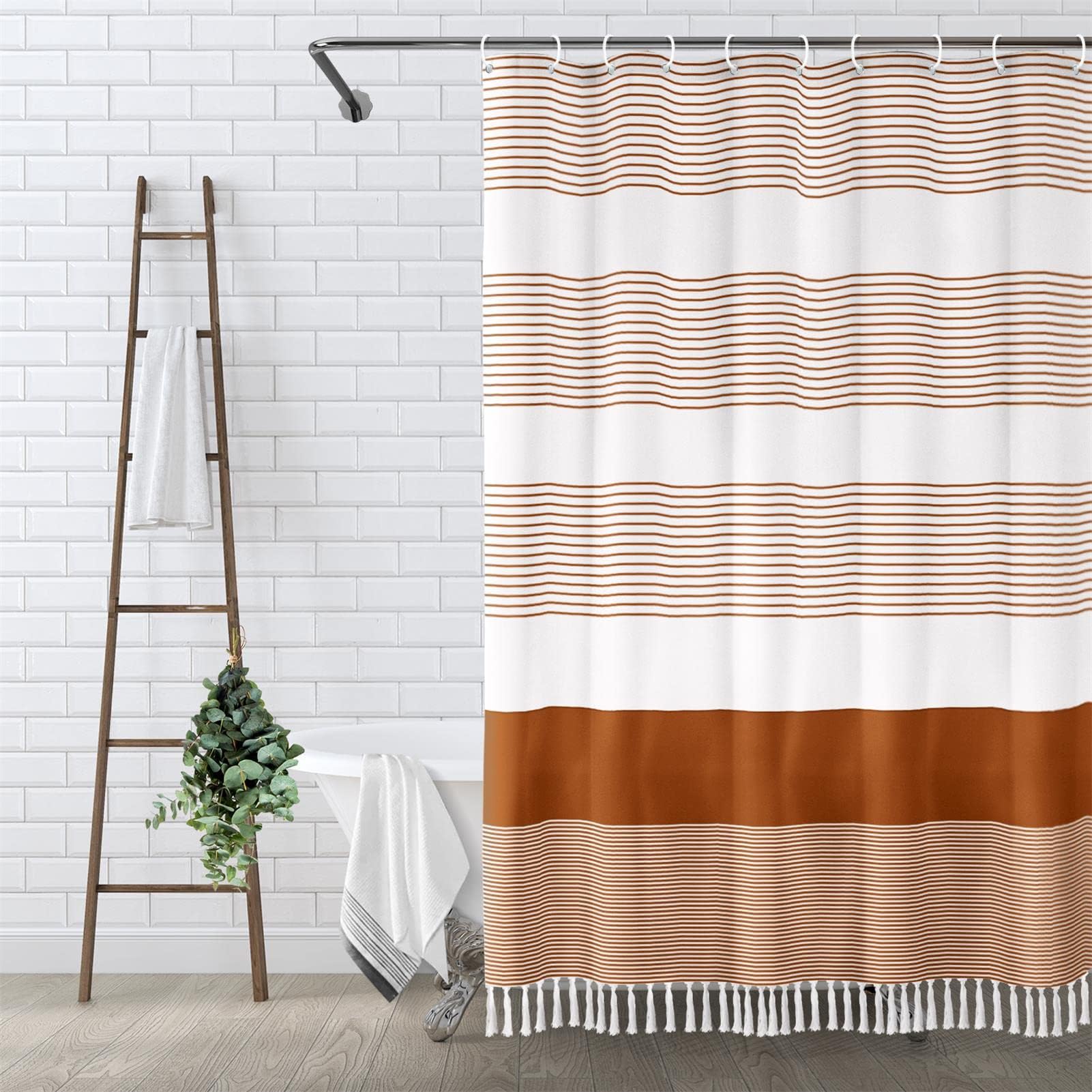 Awellife Boho Orange Shower Curtain For Bathroom Farmhouse Natural Linen Stripe Tassel Shower Curtain (Orange, 96' L X 72' W)